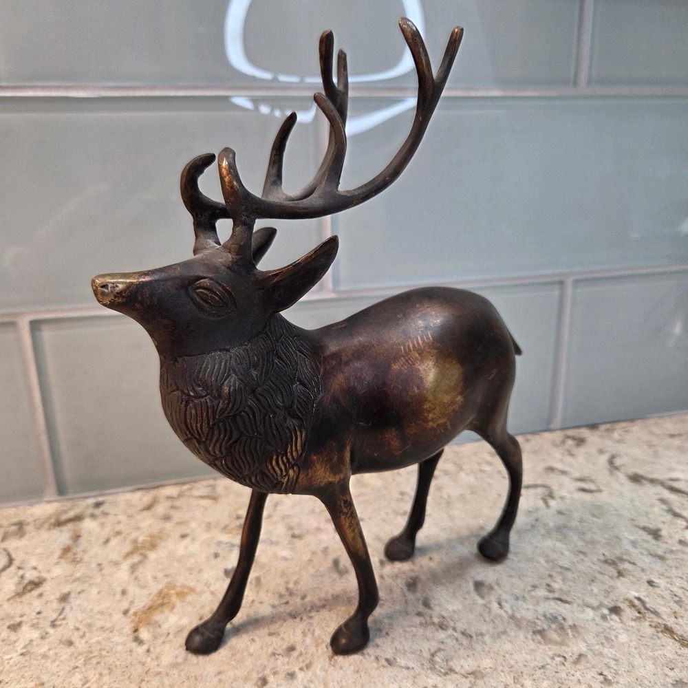 Vintage Bronze Stag Figurine Standing Deer Antler Statue Made in India 8.5 Inch - Picture 2 of 12